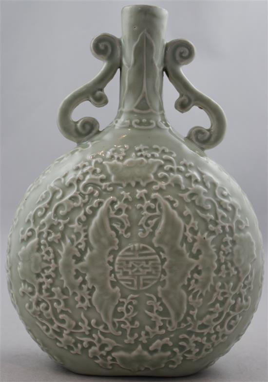 A Chinese moulded and celadon glazed moonflask, Yongzheng mark but later, 24.2cm
